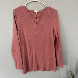 Curvy Sense Long Sleeve Ribbed Top w/ Crisscross V-Neck Plus Size 3X Muted Pink